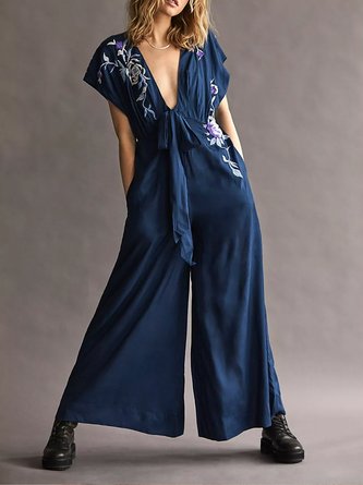 V Neck Casual Floral Jumpsuit