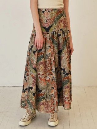 Vintage Casual Printed Midi Skirt