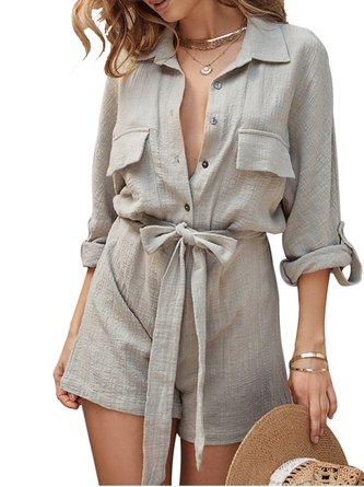 Plain Shirt Collar Casual Rompers