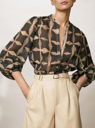 Lady Stand Collar Geometric Shift Shirt