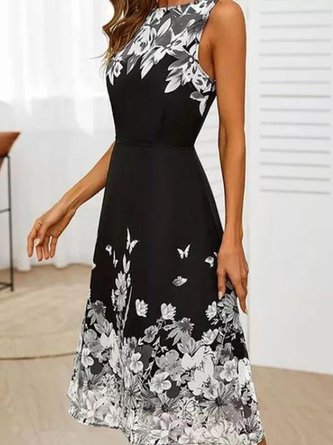 Floral Crew Neck Holiday Sleeveless Dress