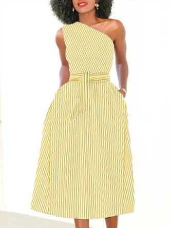 Sleeveless Stripes A-Line One Shoulder Work Dress