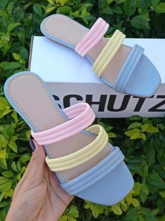 Summer Candy Color Contrast Color Strap Square Toe Slippers