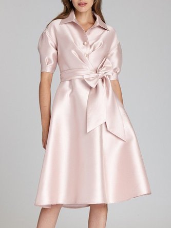 Elegant Plain Shirt Collar Short Sleeve Lace-up  Dress