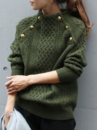 Women Plain Autumn Urban Buttoned Micro-Elasticity Loose Regular H-Line Regular Size Sweater