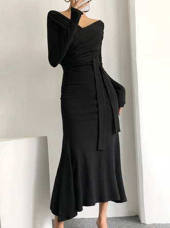 Black Daily Long sleeve Elegant Cross Neck Dress