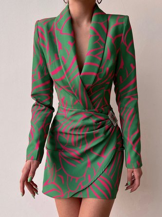 Elegant Shawl Collar Abstract Printed Dress