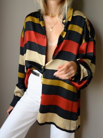 Shirt Collar Simple Loose Striped Blouse