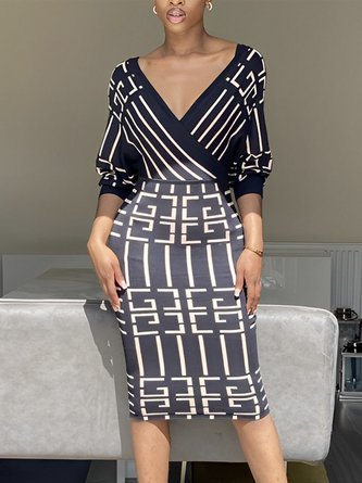 Geometric Regular Fit Elegant Long Sleeve Midi Dress
