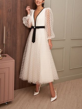 V Neck Regular Fit Plain Elegant Midi Wedding Party Polyester Dress