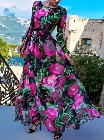 Vacation Long Sleeve Regular Fit Floral Print Dress