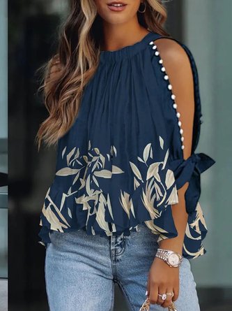 Plus Size Loose Vacation Floral Beaded Cold Shoulder Shirt