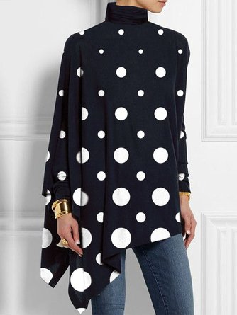 Plus Size Turtleneck Regular Fit Polka Dots Elegant T-Shirt