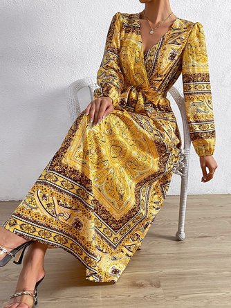 Plus Size V Neck Ethnic Elegant Regular Fit Dress