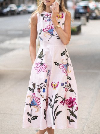 Elegant Crew Neck Floral  Print Sleeveless Pockets Dress