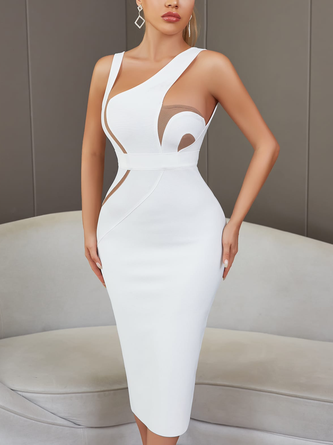 Color Block Asymmetrical Neck Backless Cocktail Party Bodycon Bandage Dress