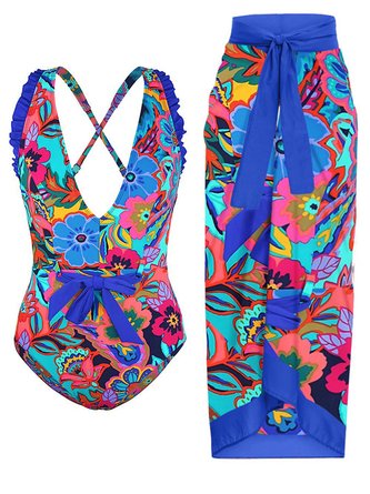 Vacation Floral Printing V Neck One Piece With Cover Up