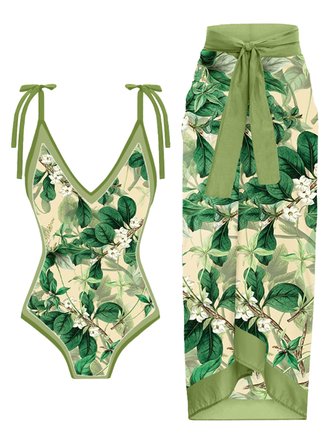 Vacation Floral Printing V Neck  One Piece With Cover Up