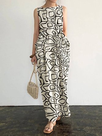 Abstract Print  Crew Neck Sleeveless Dress
