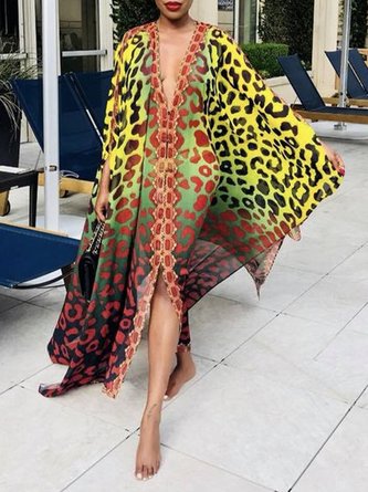 Loose Leopard V Neck Vacation Dress