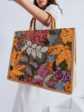 Random Floral Sequins Embroidery Bamboo Handle Tote Bag