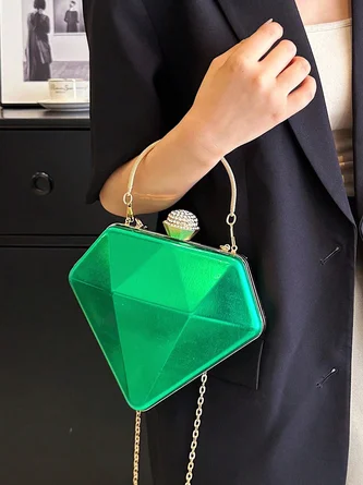 Diamond Shape Clutch Metal Top-handle Bag with Detachable Chain Strap