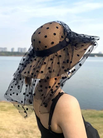 Polka Dot Mesh Decor Straw Hat