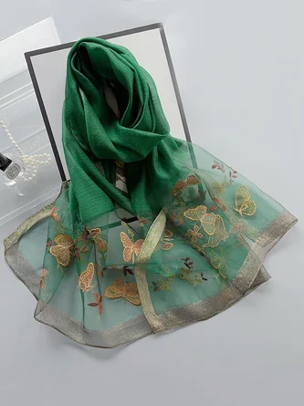 Elegant Floral Butterfly Embroidered Imitation Silk Scarf