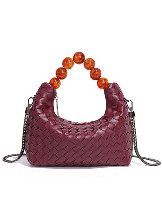 Elegant Beaded Weave Handbag with Metal Crossbody Strap