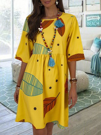 Casual Leaf Printed 3/4 Sleeve Crew Neck Dress