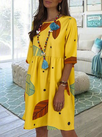 Casual Leaf Printed 3/4 Sleeve Crew Neck Dress