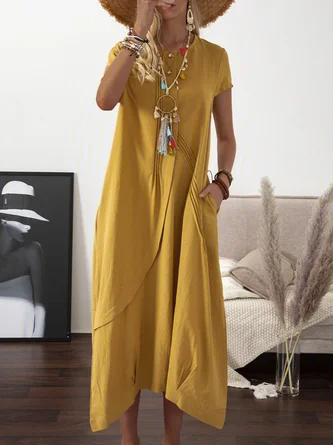 Round Neck Swing Daily Pockets Solid Dress