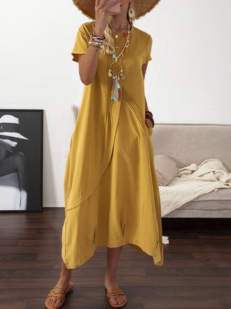 Round Neck Swing Daily Pockets Solid Dress