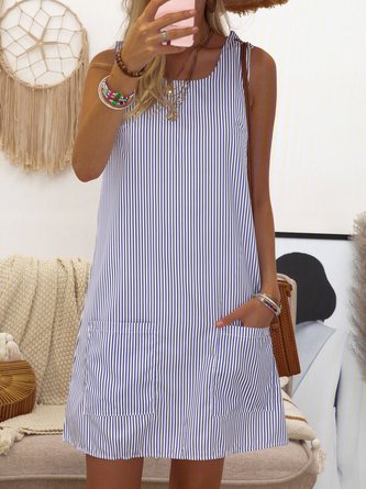 Crew Neck Women Dresses Shift Daily Boho Pockets Striped Dresses