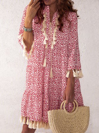 Red Floral-Print V Neck Floral 3/4 Sleeve Dress