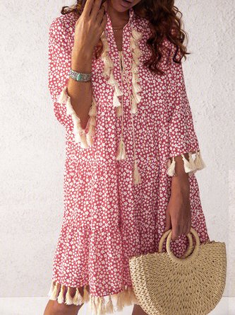 Red Floral-Print V Neck Floral 3/4 Sleeve Dress