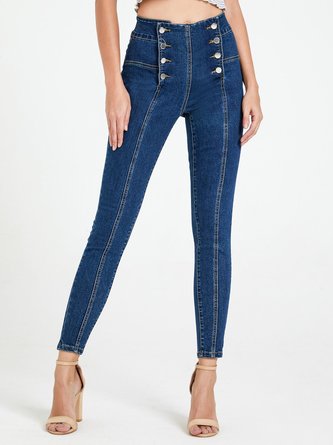 Deep Blue Buttoned High-rise Denim Sheath Pants