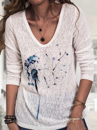 White V Neck Long Sleeve Casual Top