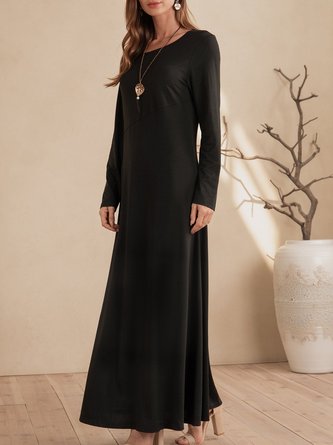 Black Long Sleeve Solid Crew Neck Maxi Dress
