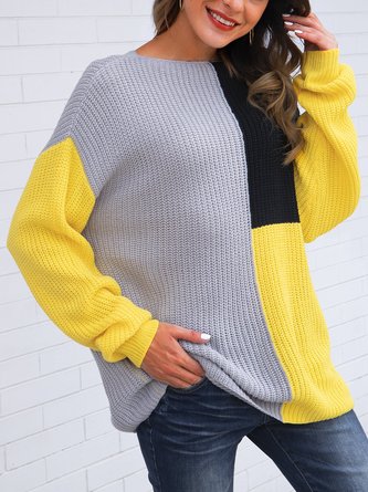 Yellow Color-Block Crew Neck Casual Long Sleeve Sweater