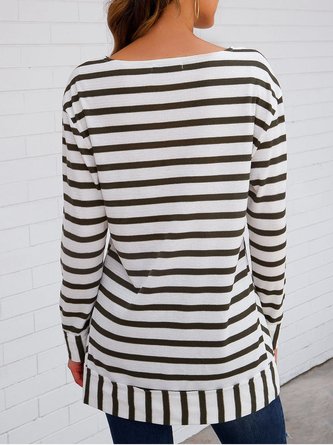 Green Long Sleeve Stripes Crew Neck Top