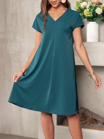 Solid V Neck Shift Casual Dress