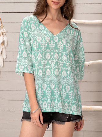 Blue Holiday Floral-Print Cotton-Blend Top