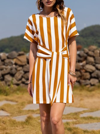 Cotton-Blend Casual Stripes Short Sleeve Dress