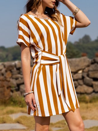Cotton-Blend Casual Stripes Short Sleeve Dress