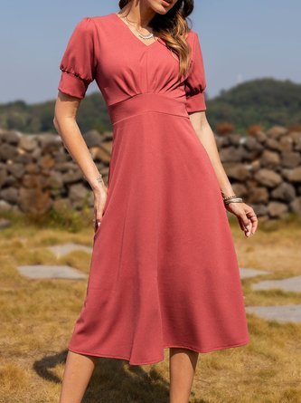 Sweet V Neck Plain Short Sleeve Dress