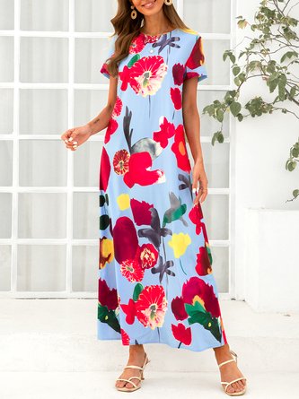 Crew Neck Short Sleeve Floral Dress