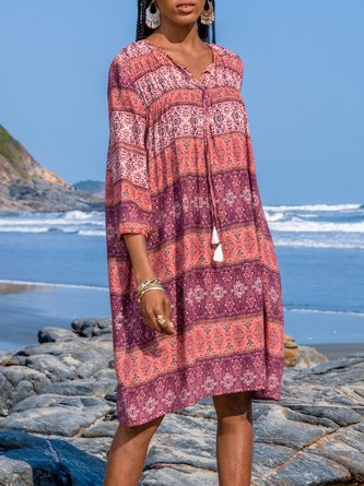 V Neck Shift Daily Vintage Midi Dress