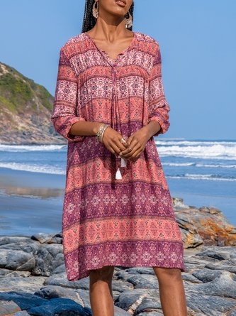 V Neck Shift Daily Vintage Midi Dress