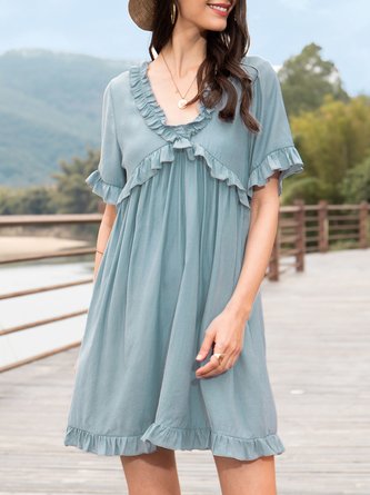 Blue Casual Short Sleeve Paneled Dress